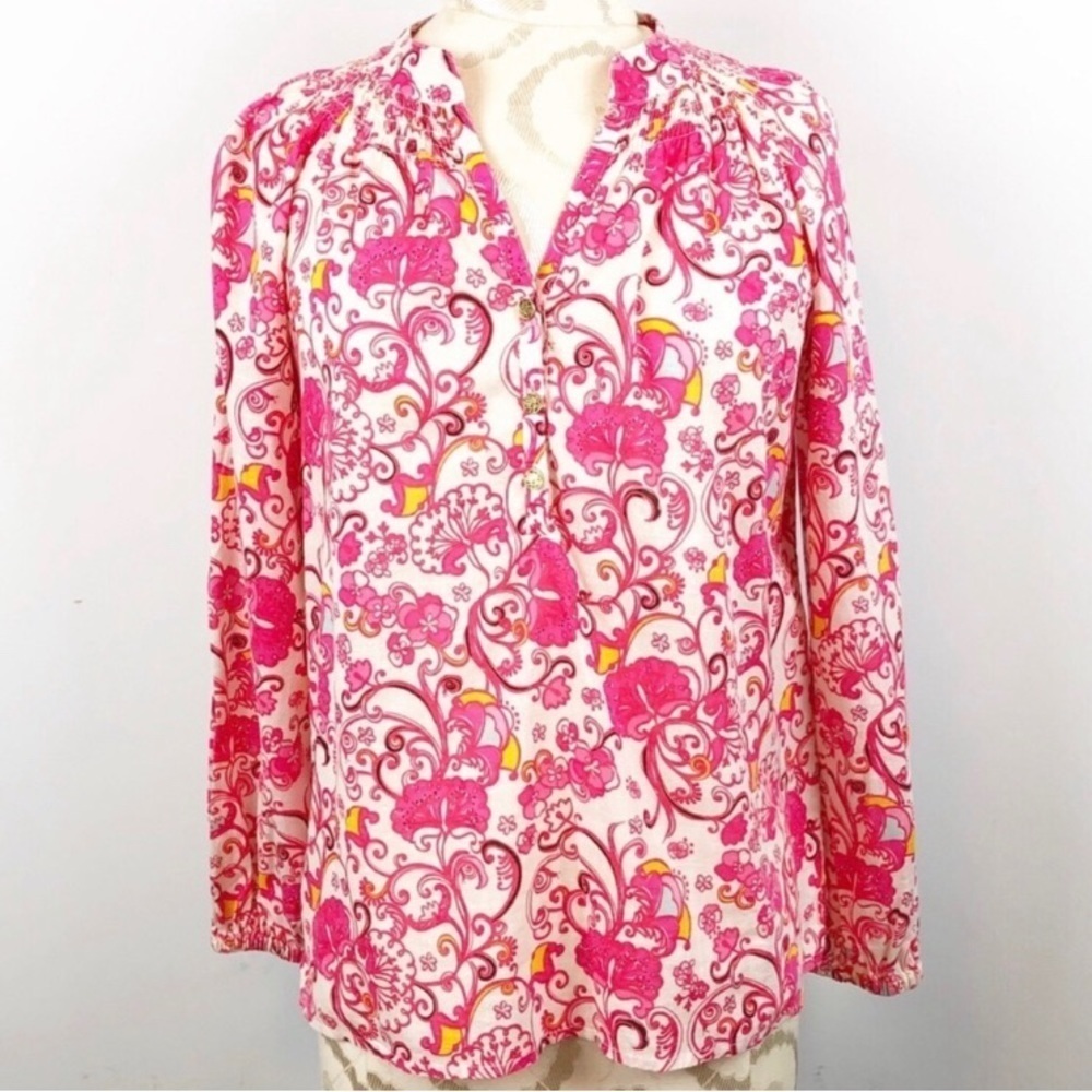 𝅺Lilly Pulitzer Elsa Pink Floral Blouse Top Size Extra Small Preppy Coastal Chic